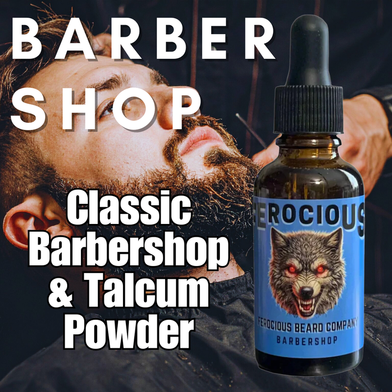 Aceite de barbería: aroma de barbería clásica y talco para barba, cabello y piel.