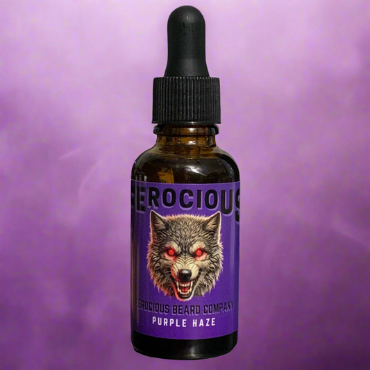 Aceite Purple Haze: aroma brillante de mora fresca y tabaco intenso y cálido para barba, cabello y piel. 