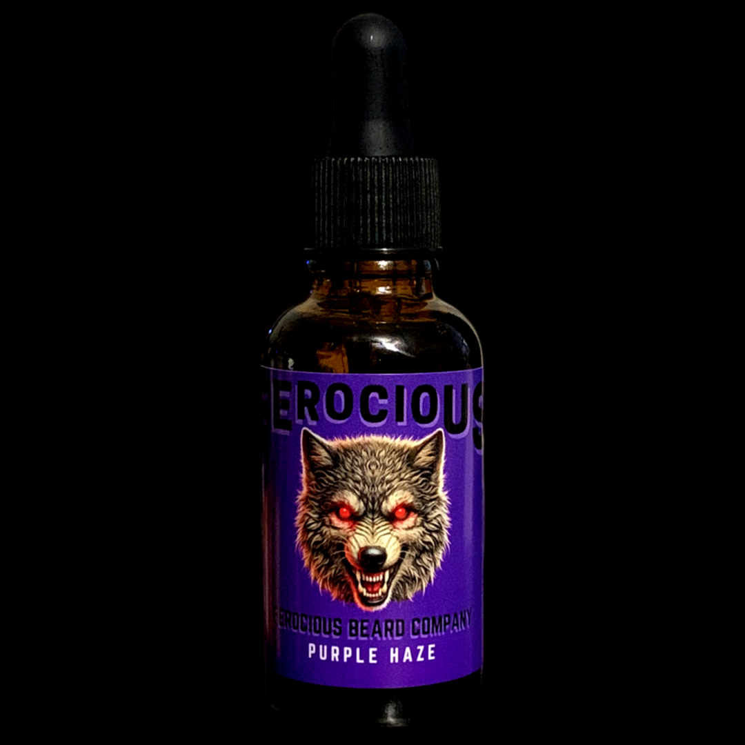 Aceite Purple Haze: aroma brillante de mora fresca y tabaco intenso y cálido para barba, cabello y piel. 