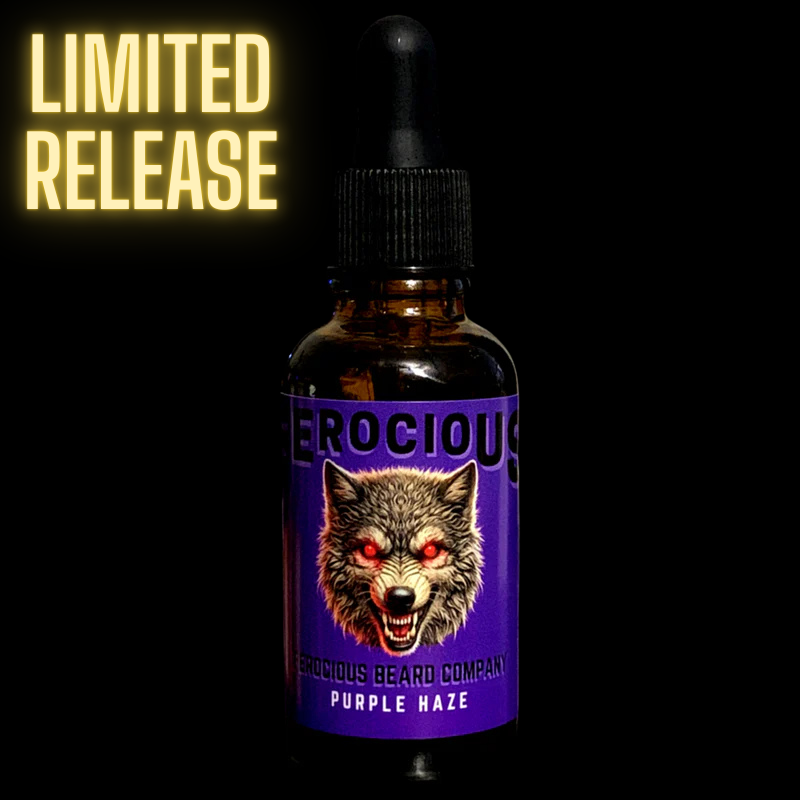 Aceite Purple Haze: aroma brillante de mora fresca y tabaco intenso y cálido para barba, cabello y piel. 