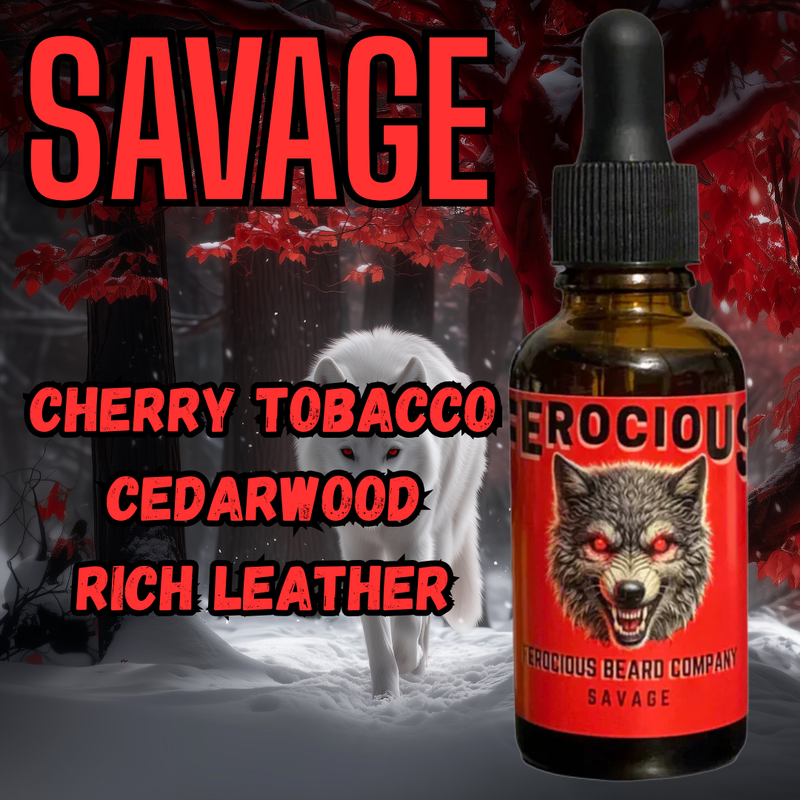 Savage Oil - Scent of Deep Cherry Tobacco, Strong Cedar Wood and Rich Grain Leather For Beard, Hair & Skin.