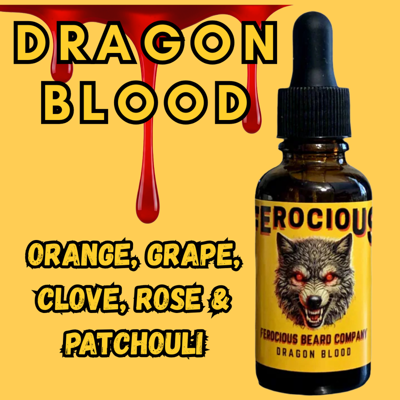 Aceite de sangre de dragón: una mezcla mágica de naranja, uva, clavo, rosa y pachulí para barba, cabello y piel. 